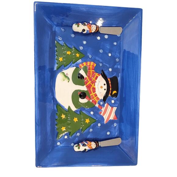 International Silver Co Ceramic Snack Snowman Platter w 2 Spreaders Christmas - Picture 2 of 8